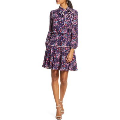 Petite Eliza J Long Sleeve Bow Neck Dress, Blue