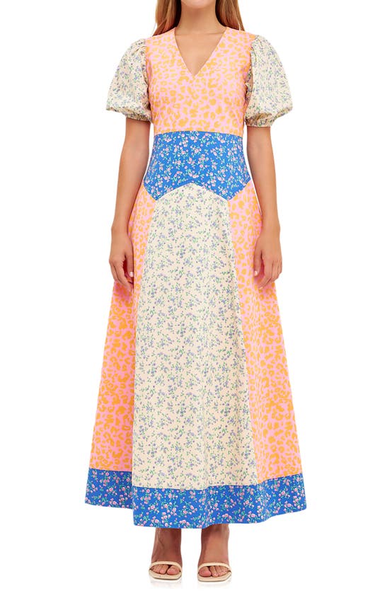 Shop English Factory Mixed Print Cotton Maxi Dress In Coral Multi