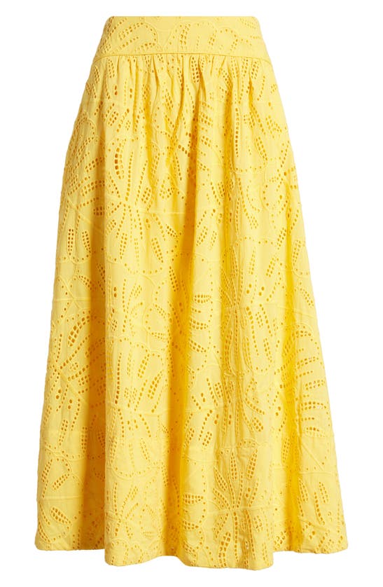 Shop Farm Rio Monstera Eyelet Embroidered Cotton Skirt In Yellow