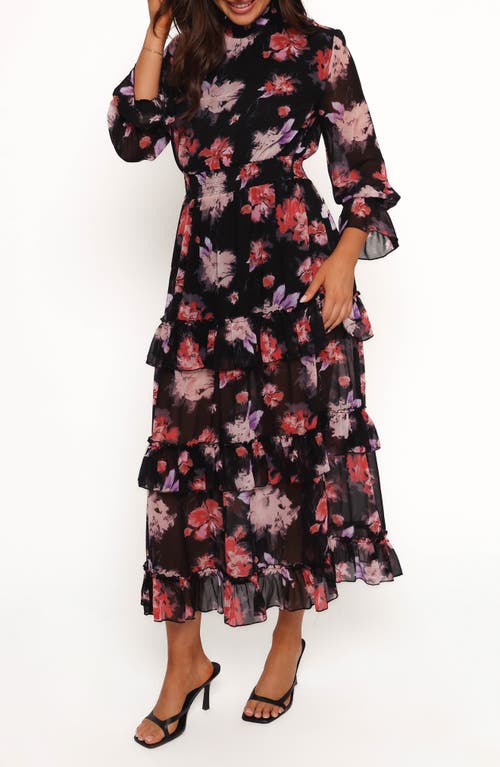 Petal & Pup Isadora Floral Print Ruffle Long Sleeve Maxi Dress in Black/ivory 