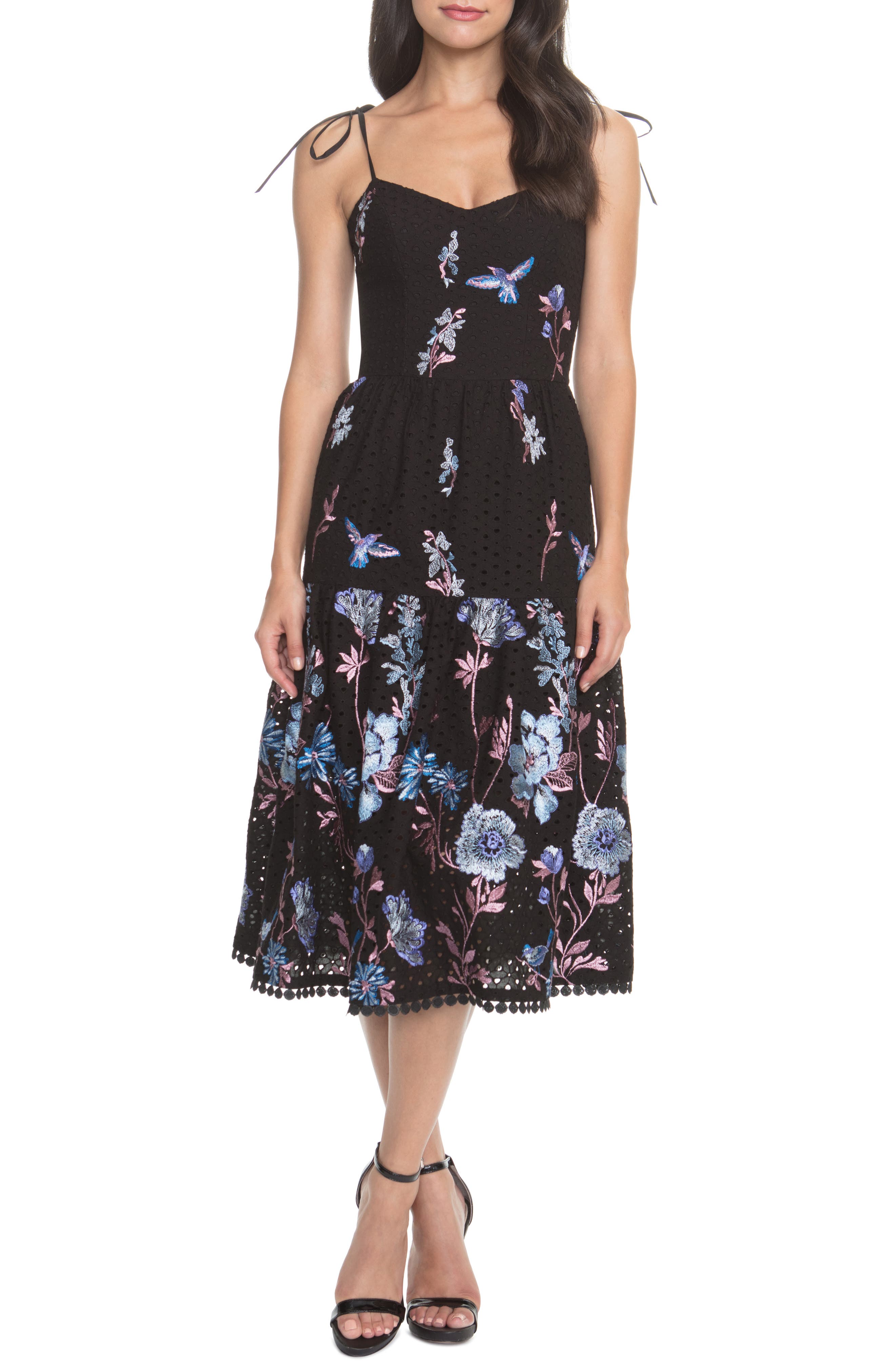 Dress The Population Abbie Floral Embroidered Eyelet Sundress, Black
