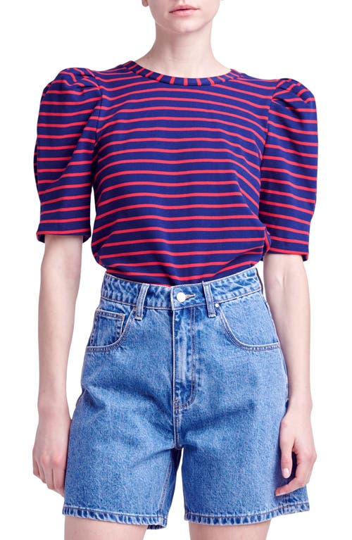 English Factory Stripe Puff Sleeve Top In Navy/red