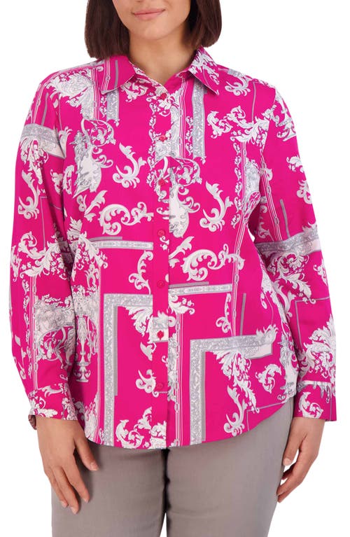 Foxcroft Zoey Ornate Cotton Sateen Button-Up Shirt in Azalea at Nordstrom, Size 16W