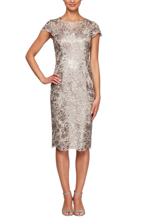 Cap Sleeve Sequin Embroidered Sheath Cocktail Dress in Taupe
