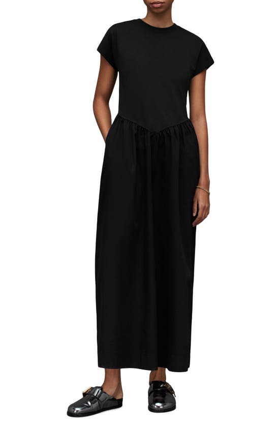 Allsaints Womens Black Frankie Short-sleeve Cotton Maxi Dress In Black