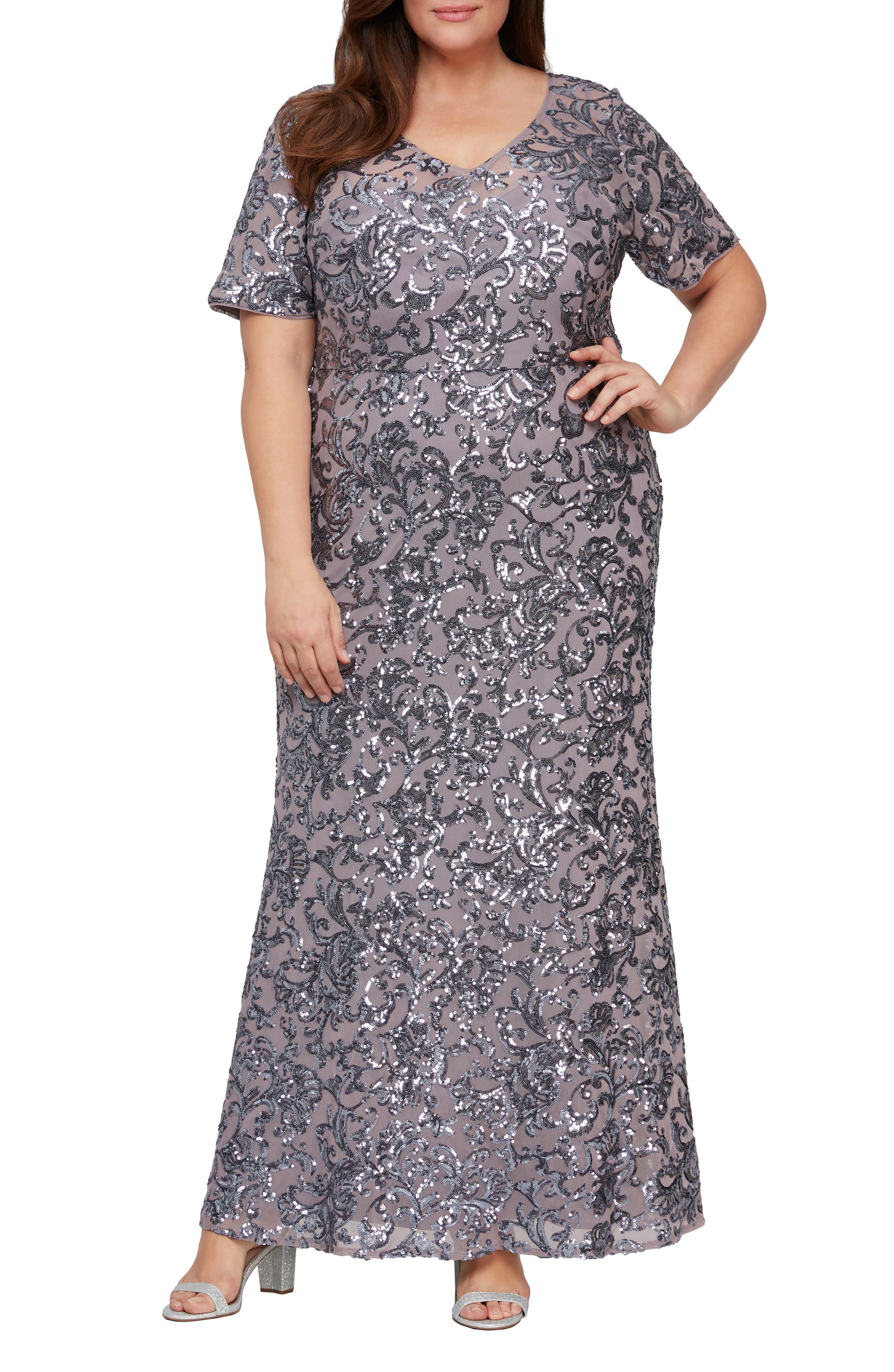 Alex Evenings Sequin Floral V-Neck Gown 