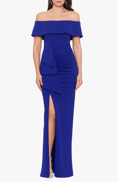 Xscape Evenings Ruched Off The Shoulder Crepe Gown In Blue