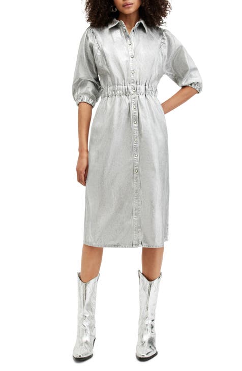 Osa Metallic Puff Sleeve Denim Shirtdress