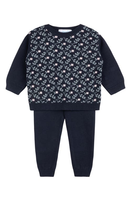 Shop Feltman Brothers Floral Cotton Jacquard Sweater & Pants Set In Navy