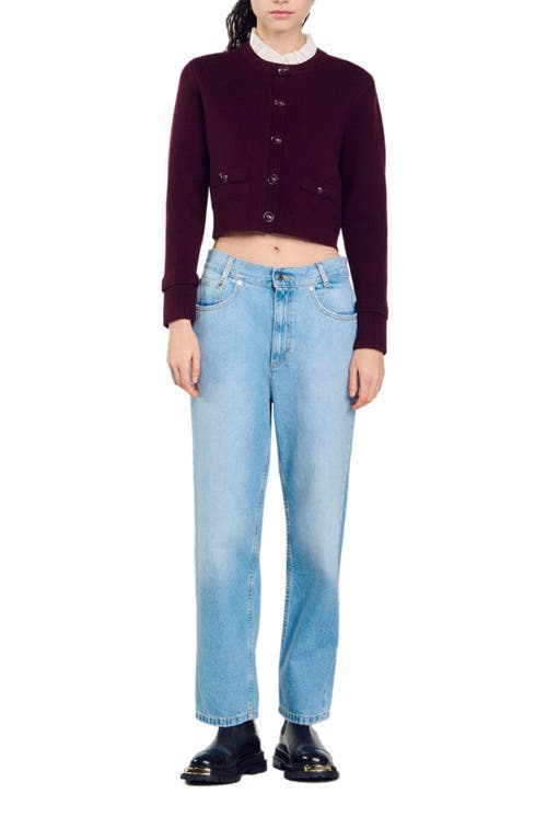 Shop Sandro Knit Cardigan With Ruffled Collar In Bordeaux