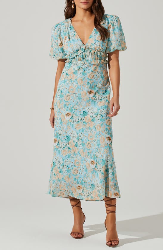 Astr Esperanza Floral Back Cutout Midi Dress In Blue Peach Floral