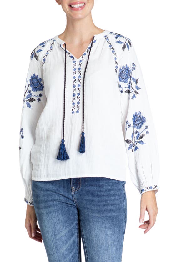 Shop Apny Embroidered Cotton Gauze Peasant Top In White