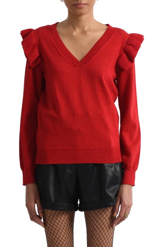 Molly Bracken Metallic Ruffle Shoulder Long Sleeve Sweater In Red