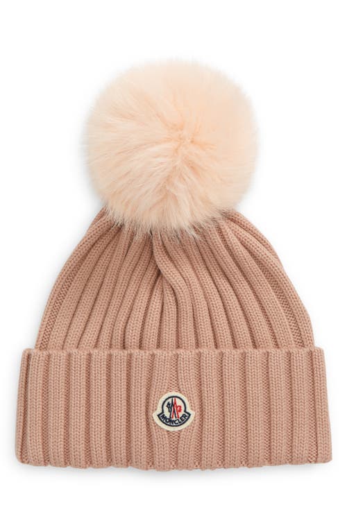 Moncler Wool Rib Beanie with Faux Fur Pompom in Beige