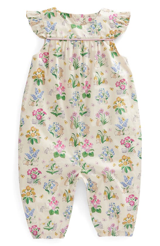 Mini Boden Babies' Floral Ruffle Shoulder Cotton Romper In Vanilla Pod Posy Pals
