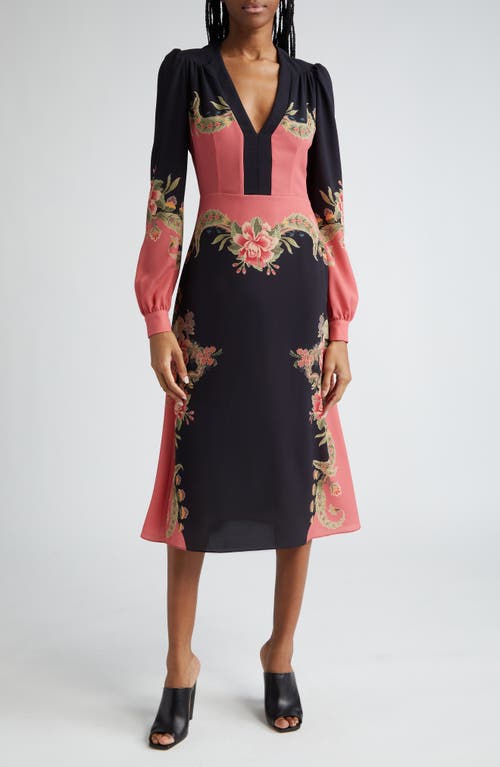 Shop Etro Placed Print Long Sleeve Stretch Crepe Dress In Navy/pink