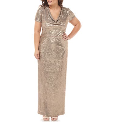 Plus Size Js Collections Sequin Cowl Neck Column Gown, Metallic