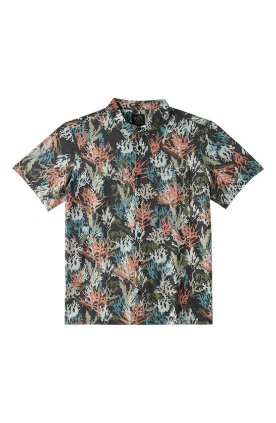 Shop Billabong Coral Print Short Sleeve Button-up Shirt In Olive Multi
