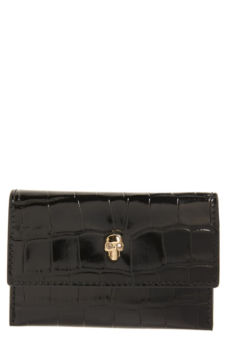 ALEXANDER MCQUEEN Croc Embossed Leather Card Holder, Main, color, BLACK