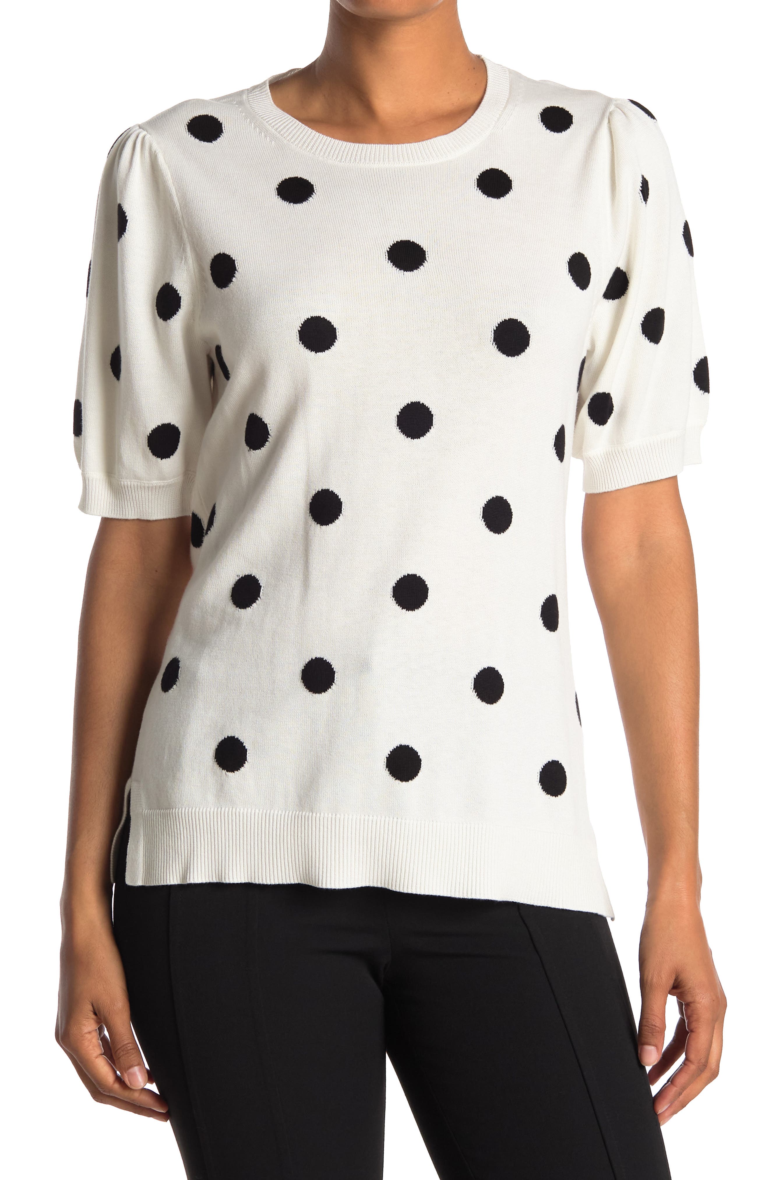 Adrianna Papell Polka Dot Short Puff Sleeve Sweater In Ivry Black