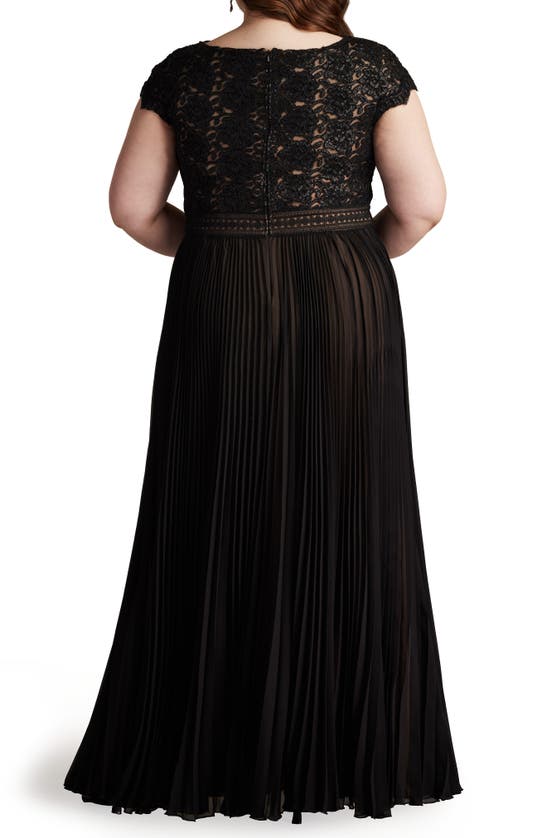 Shop Tadashi Shoji Sequin & Lace Bodice Pleated A-line Gown In Black/ Nude