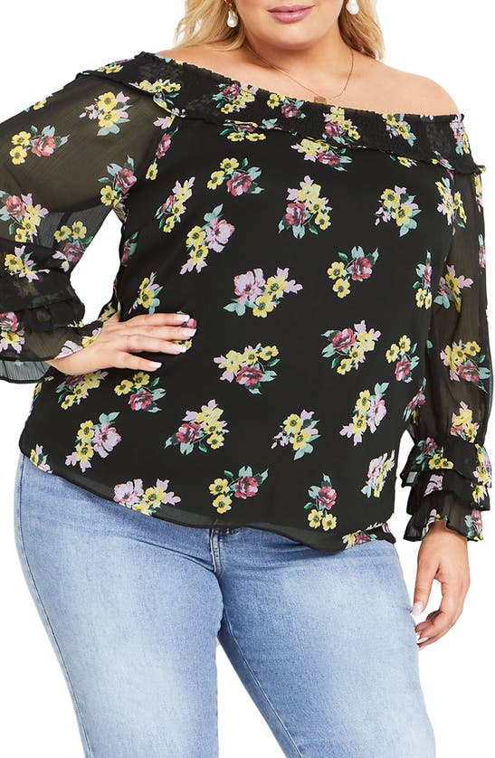 City Chic Anais Floral Off The Shoulder Long Sleeve Top In Black Melanie Ditsy