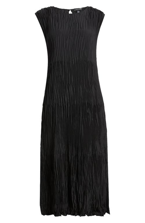 Pleated Tiered Silk Midi Dress in Black