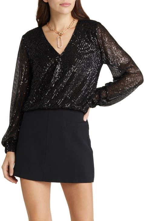Open Edit Sequin Wrap Top in Black at Nordstrom, Size X-Large