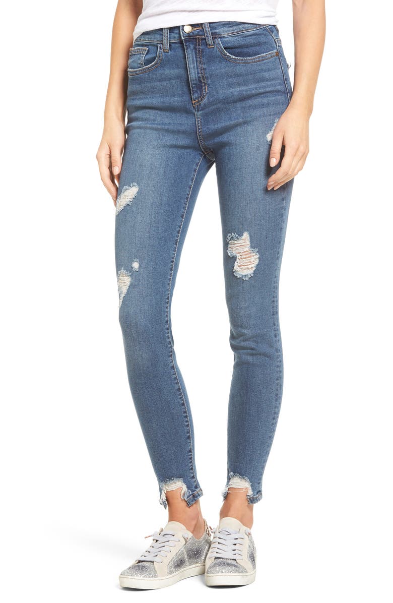 SP BLACK High Waist Step Hem Skinny Jeans, Main, color, MEDIUM
