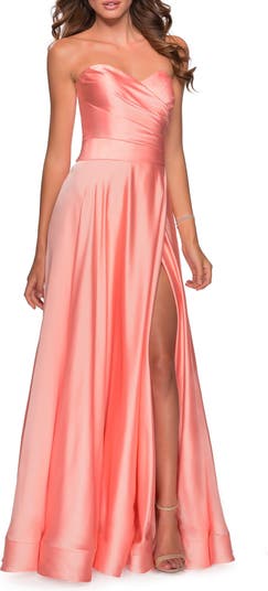 La Femme Strapless Slit Satin Ballgown