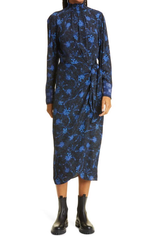 KOBI HALPERIN Hunter Mock Neck Long Sleeve Silk Blend Dress Black Cobalt Multi at Nordstrom,