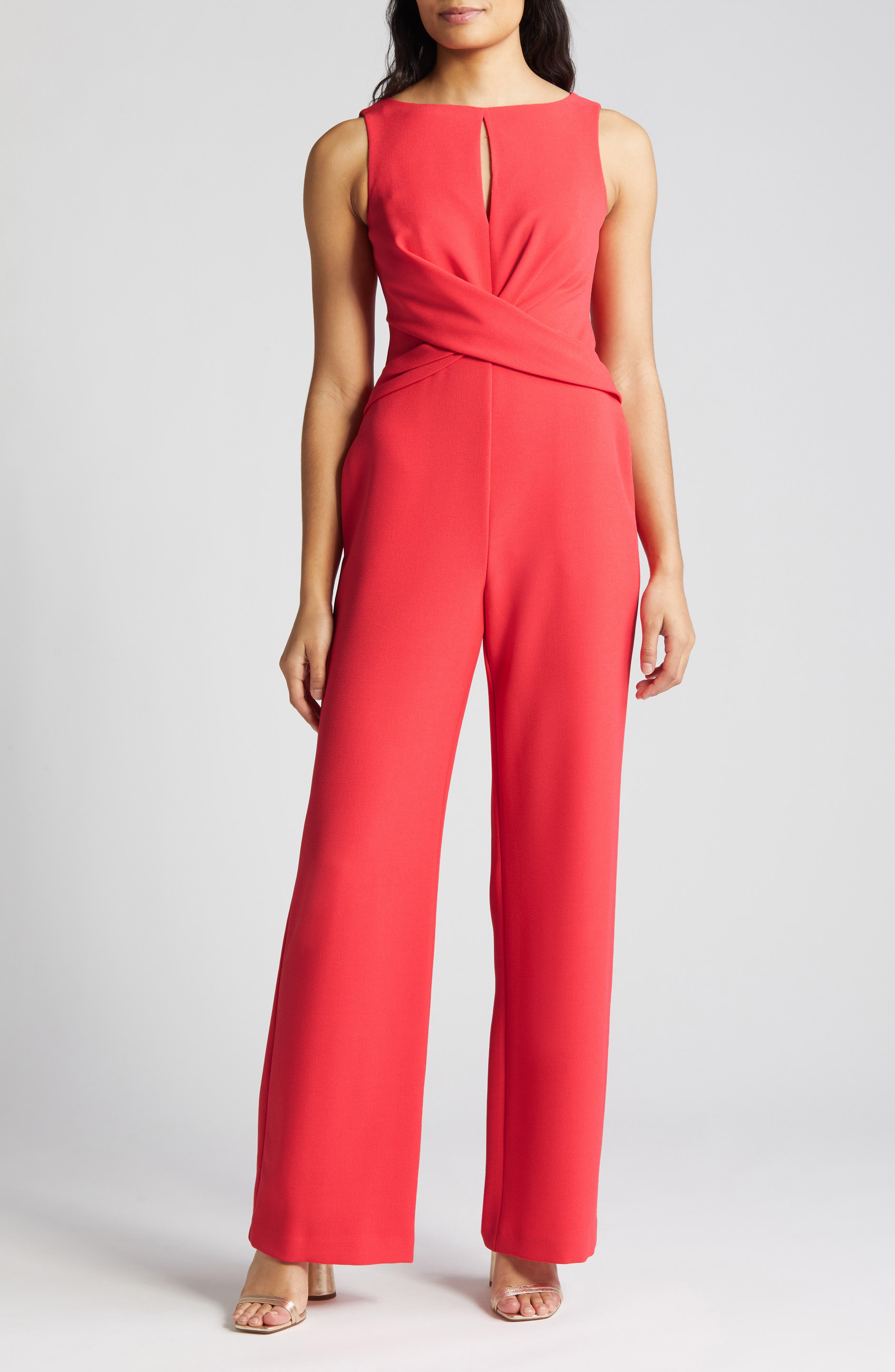 Vince Camuto Cross Front Keyhole Wide Leg Crepe Jumpsuit in Hot