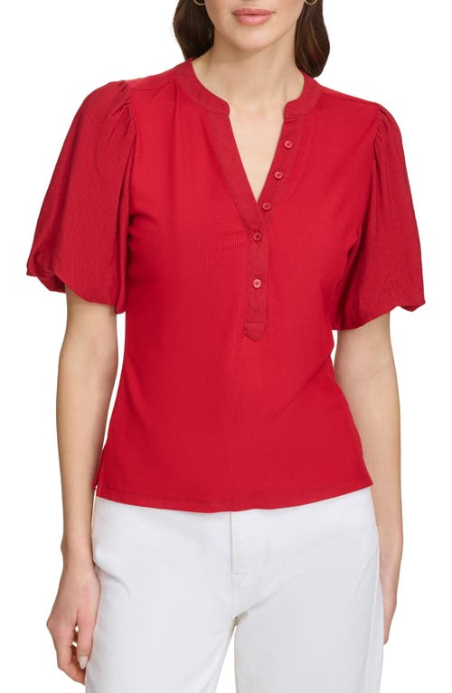 Shop Dkny Rib Crinkle Sleeve Henley Top In Sangria