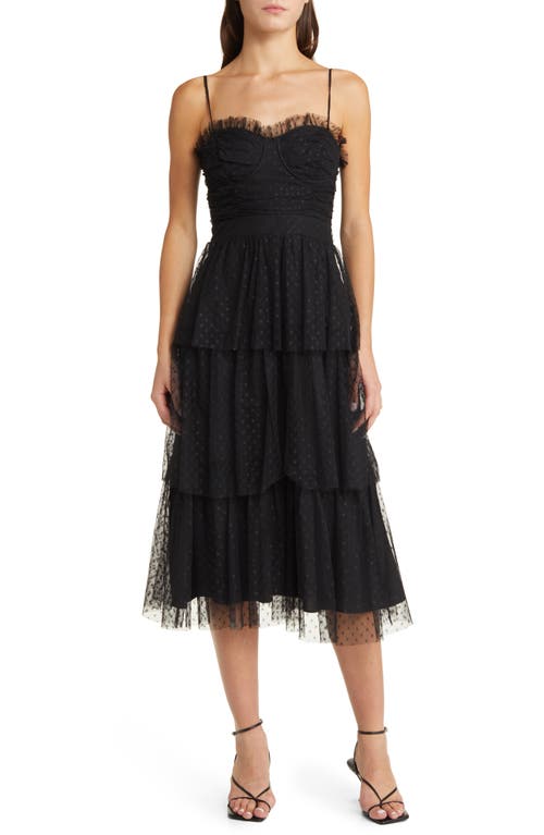 Sweetheart Clip Dot Tiered Cocktail Dress in Black