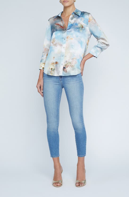 Shop L Agence Dani Art Print Silk Button-up Shirt In Light Blue Multi