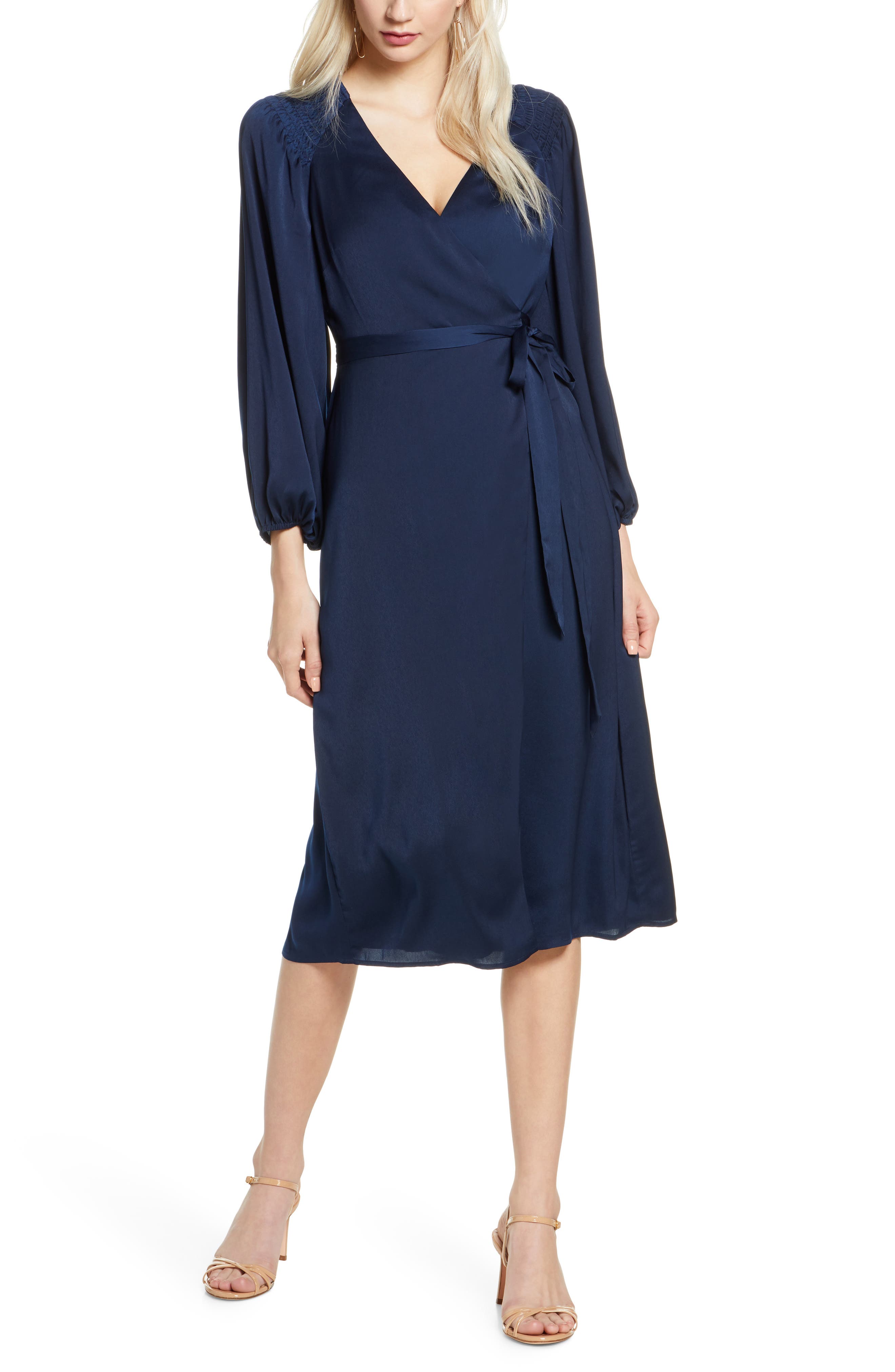 long sleeve navy wrap dress