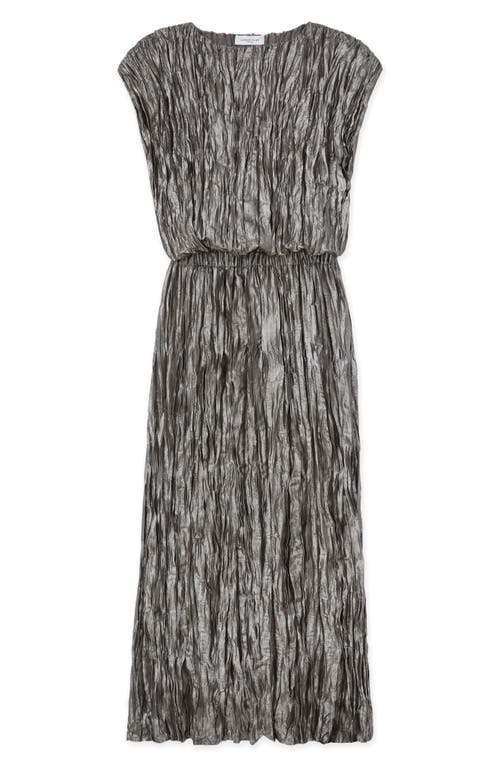 Shop Lafayette 148 New York Metallic Foil Plissé Midi Dress In Pewter Metallic