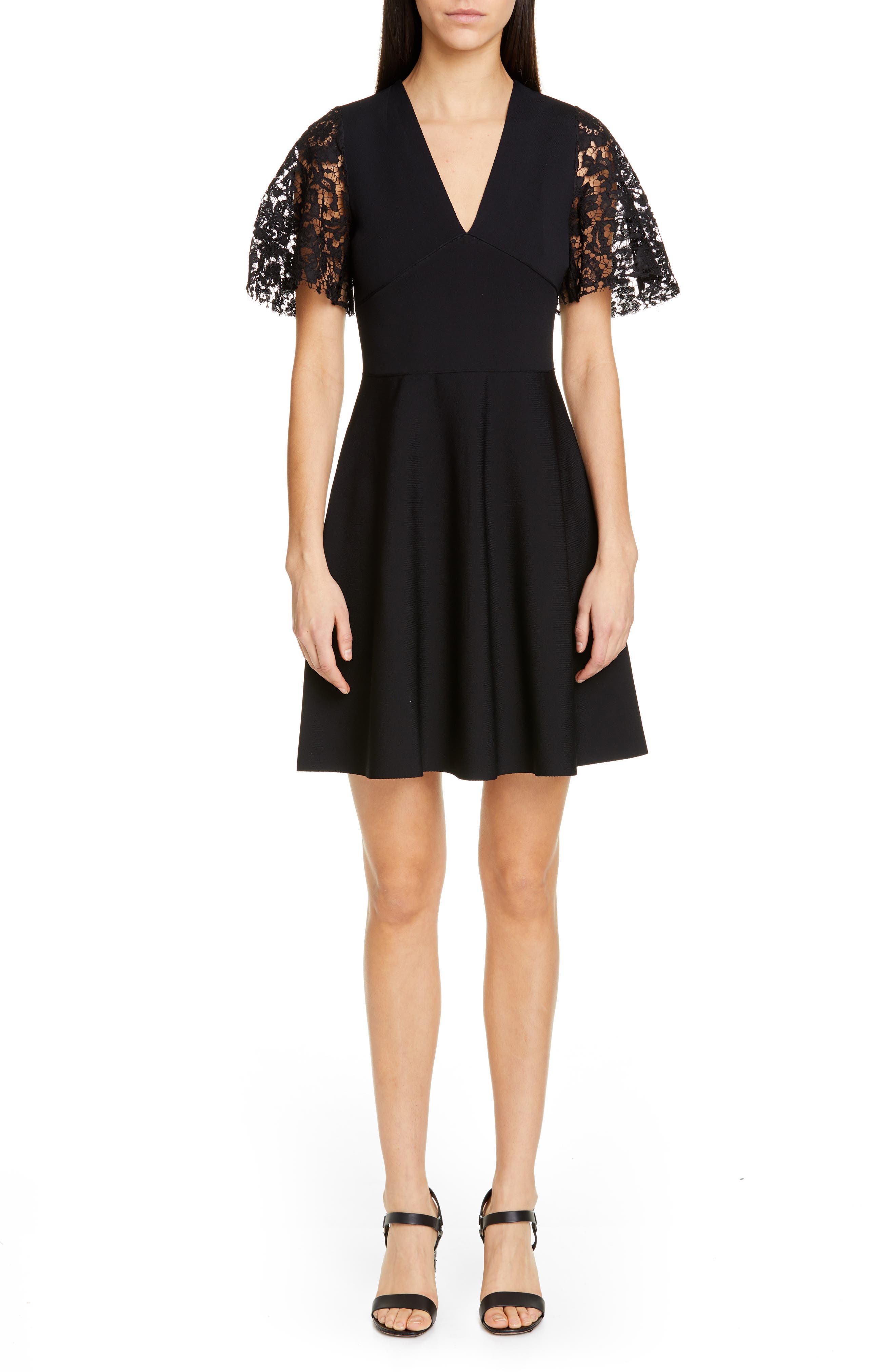 Valentino Lace Flutter Sleeve Sweater Dress, Black