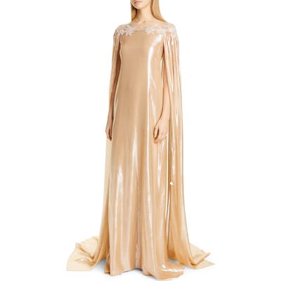 Pamella Roland Cape Detail Lame Caftan Gown, Metallic