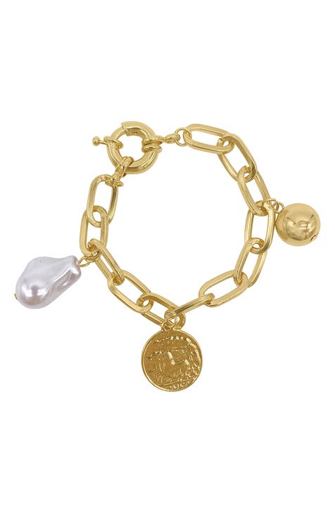 14K Gold Plate Imitation Pearl & Coin Chain Bracelet