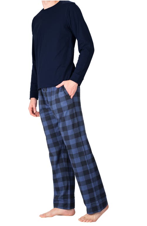 Sleephero Long Sleeve Pajama T-shirt & Buffalo Check Fleece Pajama Pants Set In Sailor Navy Buffalo Check
