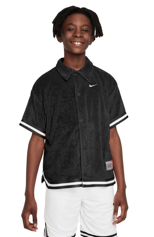 Shop Nike Kids' Culture Of Basketball Terry Cloth Short Sleeve Snap-up Shirt In Black/white