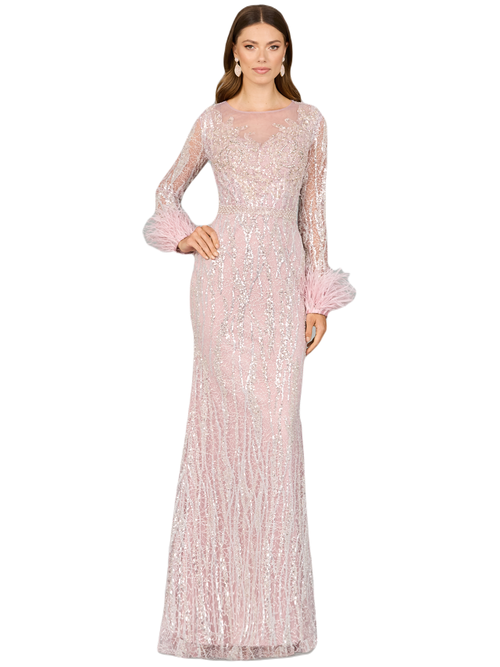 Lara New York Long Sleeve Sheath Gown With Feathers In Purplemist