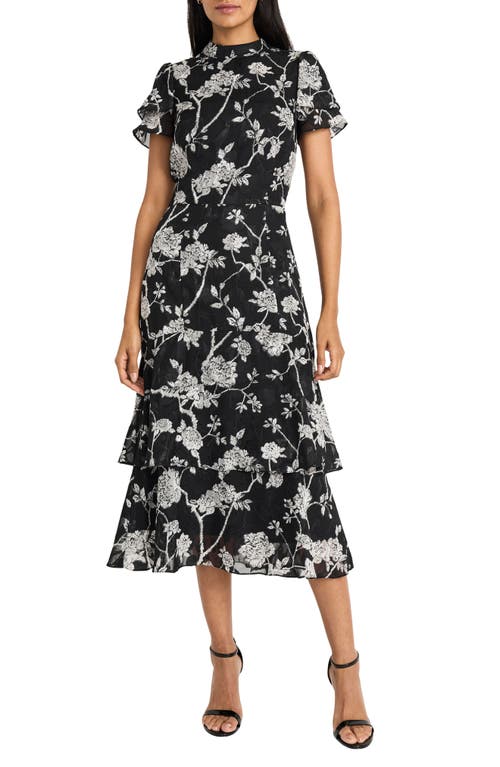 Maggy London Floral Short Sleeve Tiered Midi Dress in Black/White 