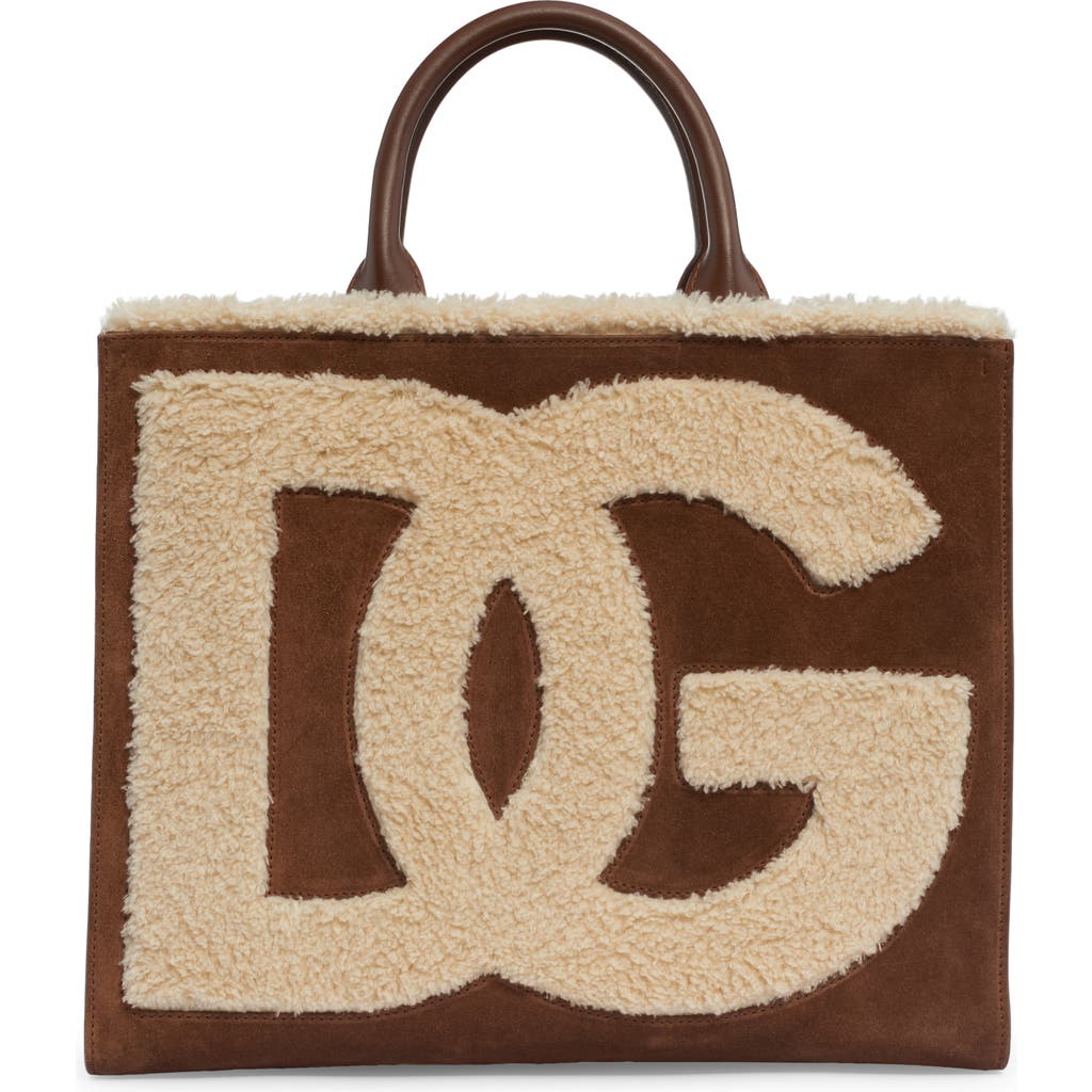 Dolce & Gabbana Dolce&gabbana Dg Logo Daily Suede & Faux Shearling Tote In Brown