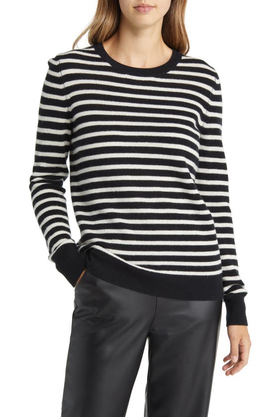 Nordstrom Cashmere Crewneck Sweater In Black- Ivory Josephine Stripe
