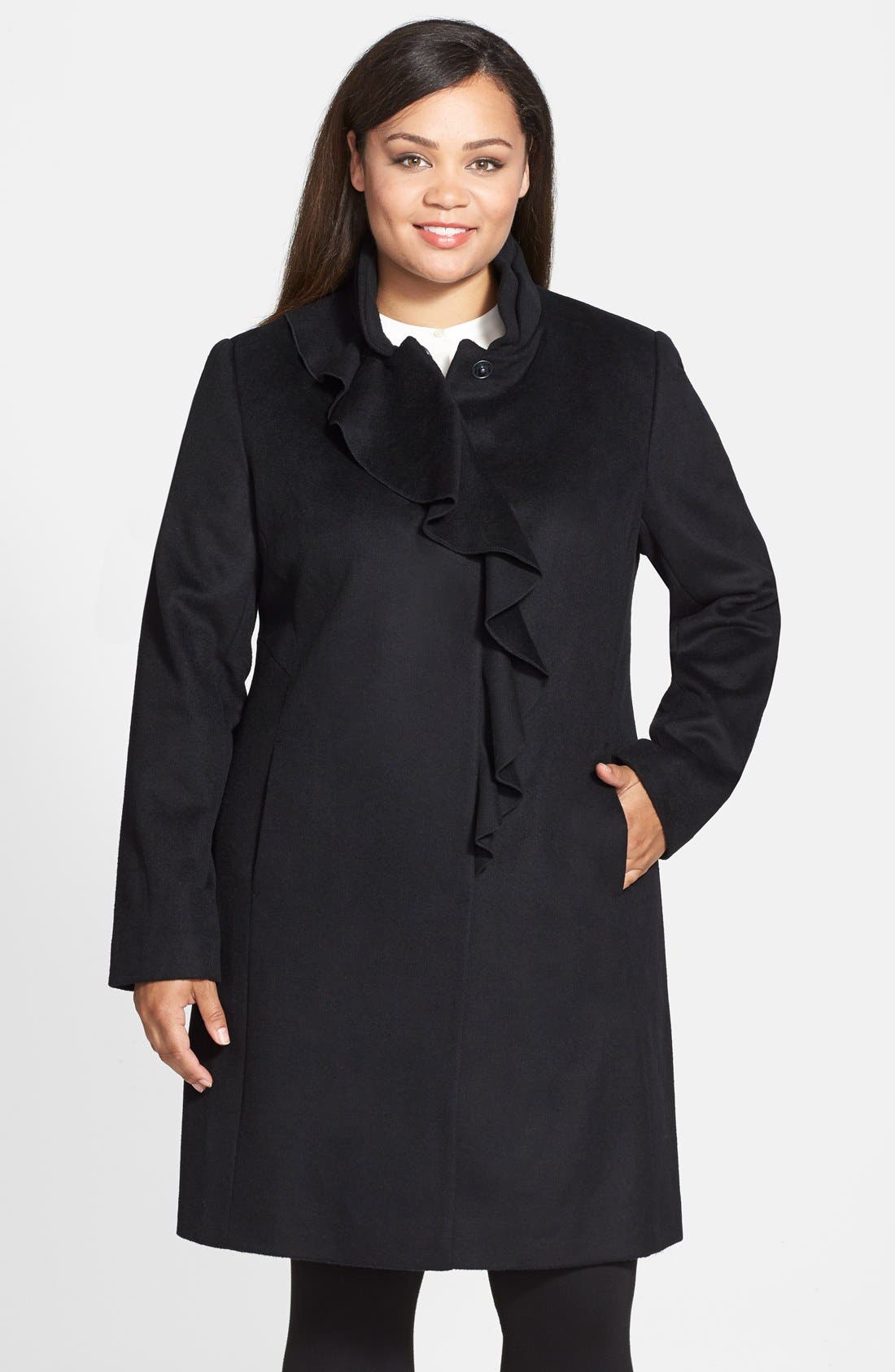 DKNY Ruffle Front Long Wool Blend Coat (Plus Size) Nordstrom