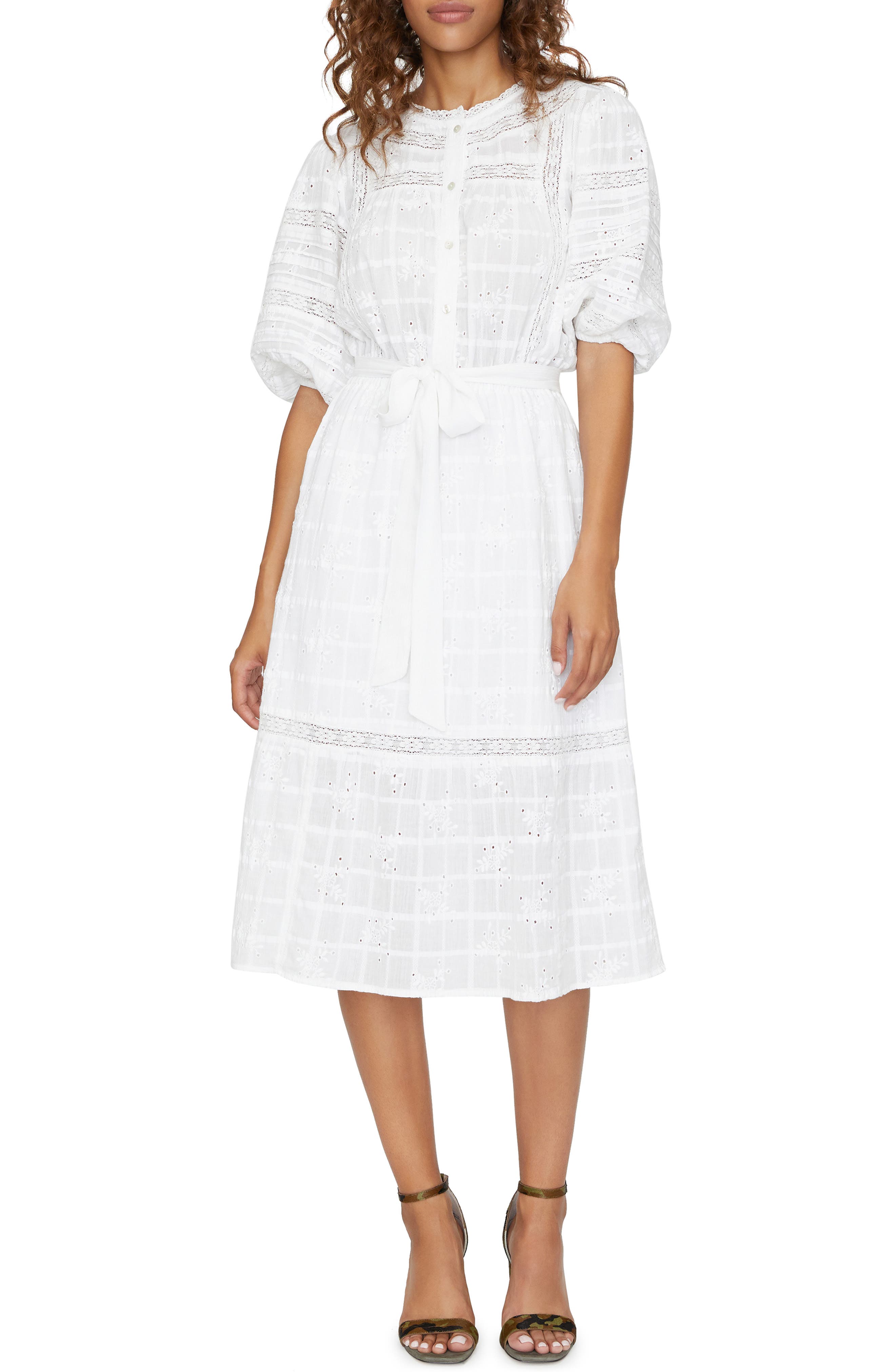 white eyelet midi dress with sleeves