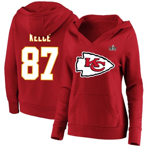 Women's Fanatics Branded Travis Kelce Red Kansas City Chiefs Super Bowl LVIII Name & Number Plus Size Fleece Pullover Hoodie