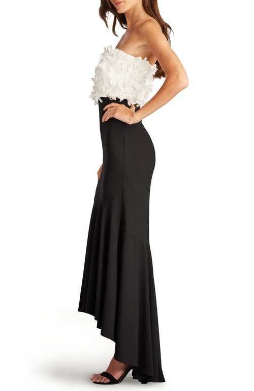 Shop Tadashi Shoji 3-d Floral Strapless High-low Crepe Gown In Ivory/black